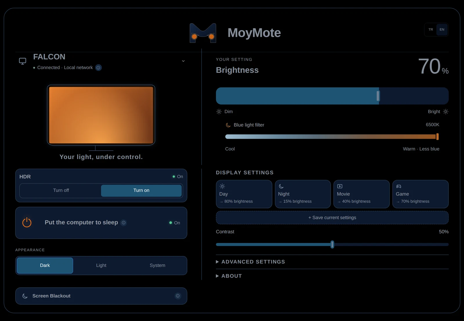 MoyMote desktop panel in dark appearance: brightness slider, blue light filter, HDR and saved display modes