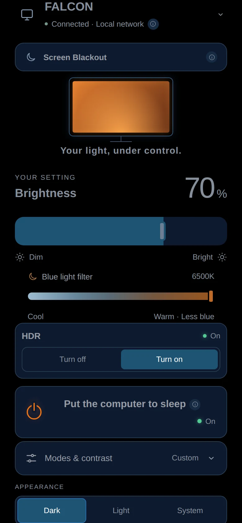 MoyMote phone panel with the blue light filter slider, from cool to warm