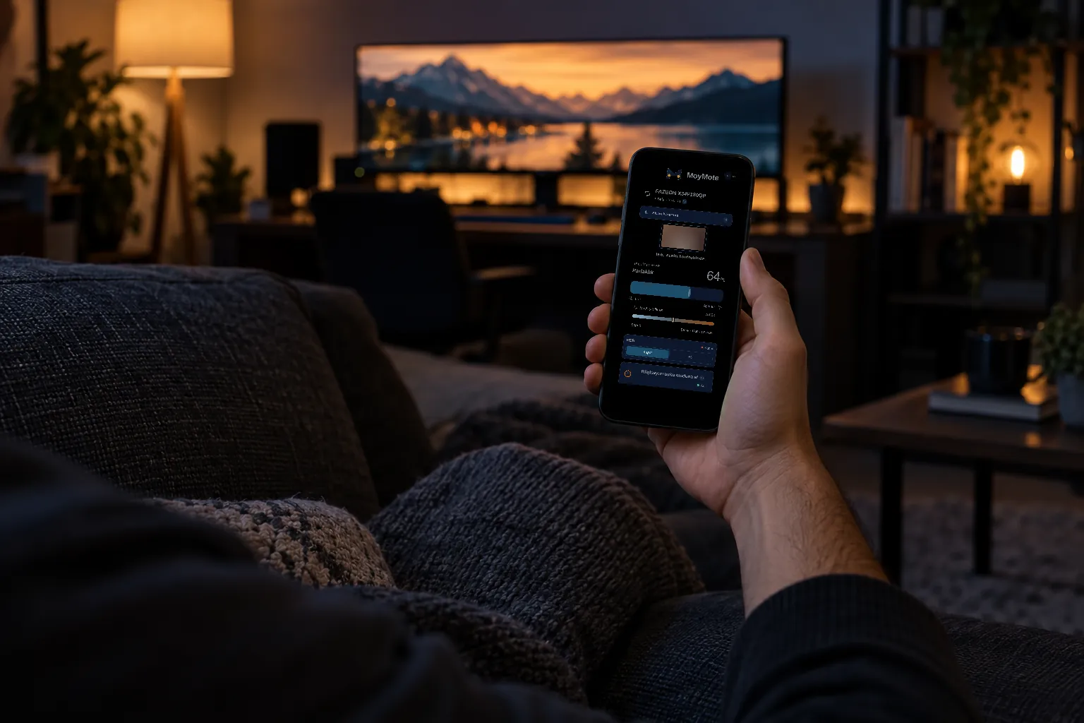 Gece kanepede, MoyMote paneli açık bir telefonu tutan el; odanın öbür ucunda parlayan monitör