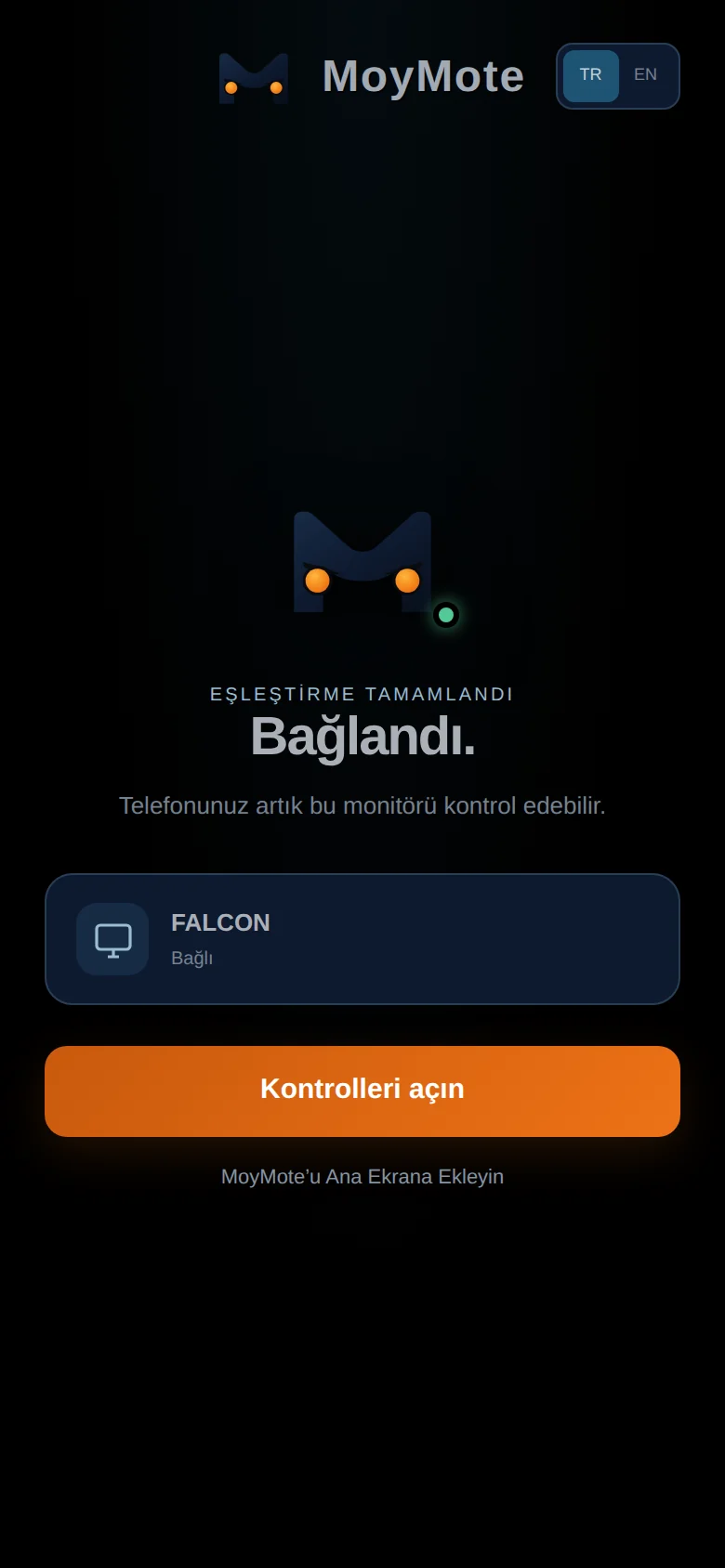 Kod okutulduktan sonra telefonda MoyMote: monitöre bağlandı