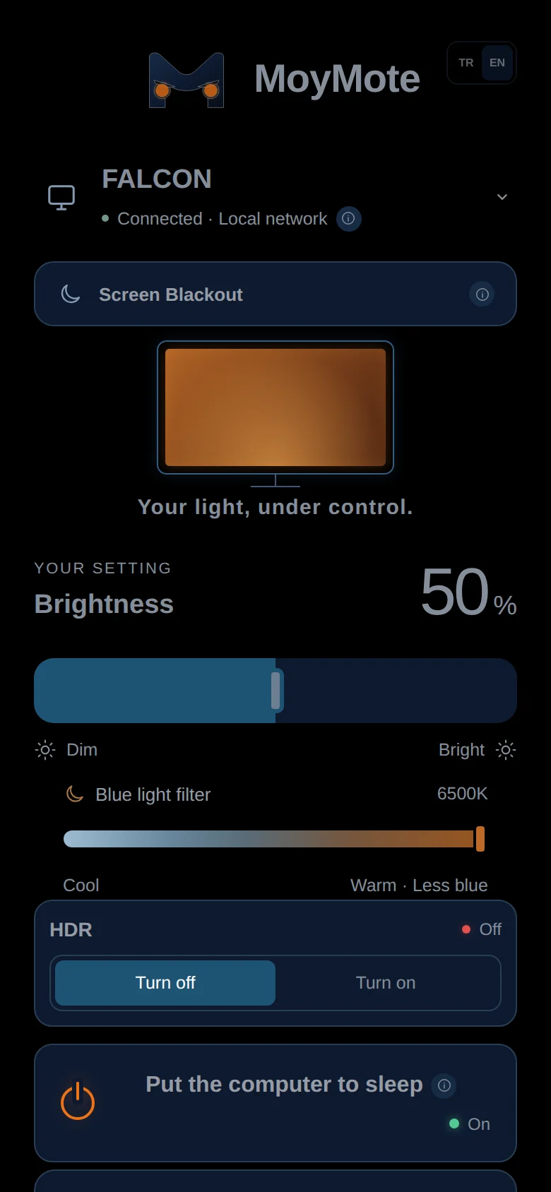 MoyMote phone panel in dark appearance