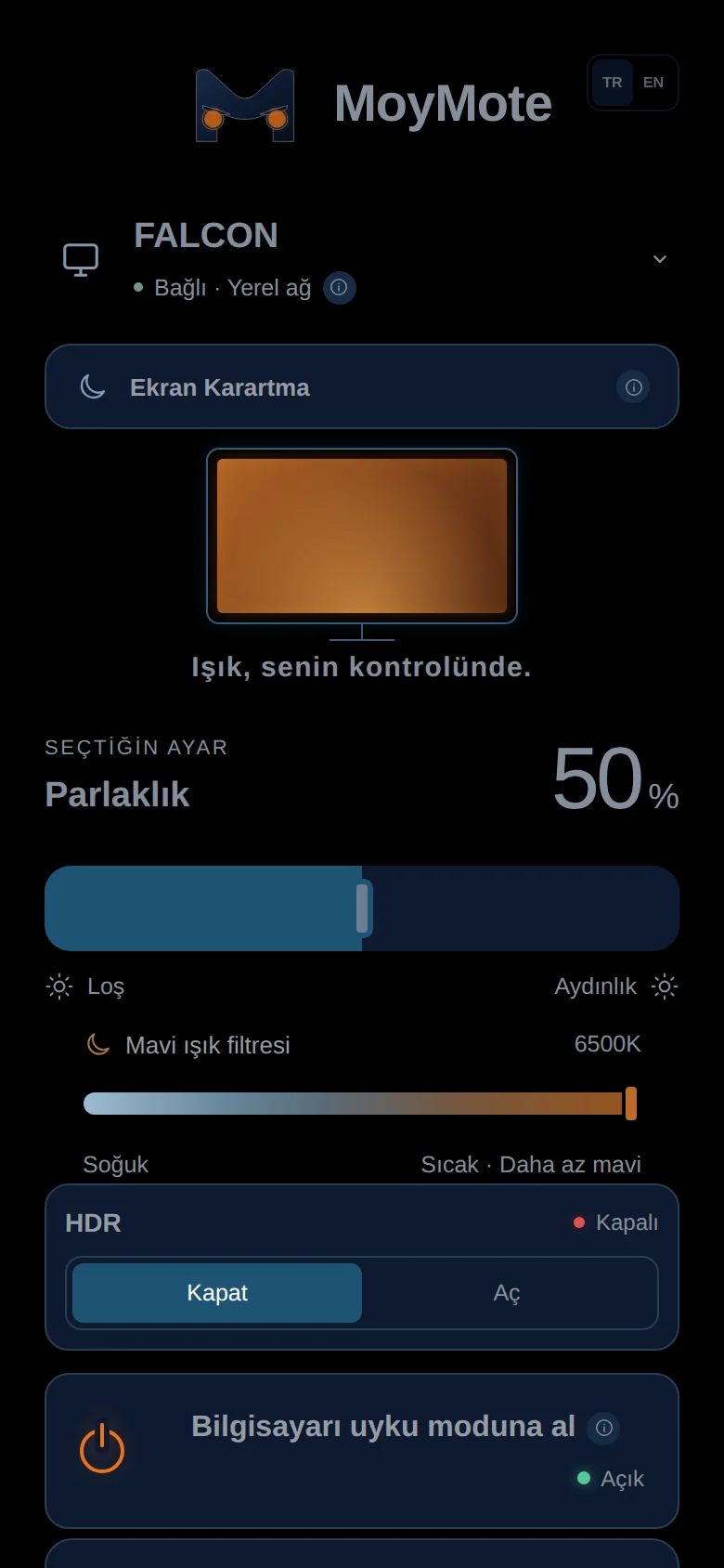 Koyu görünümde MoyMote telefon paneli