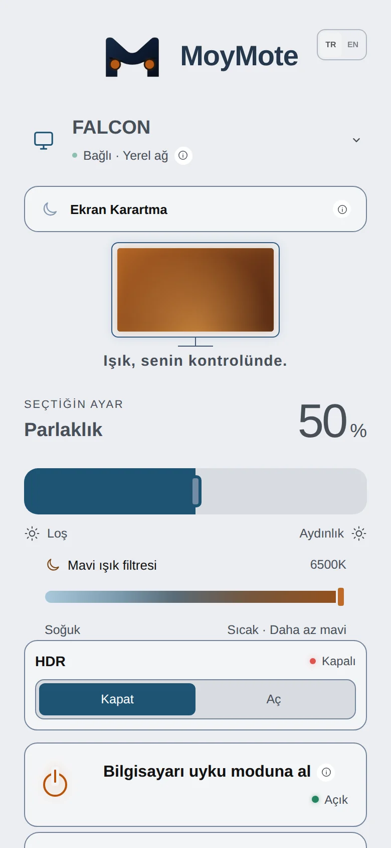 Açık görünümde MoyMote telefon paneli